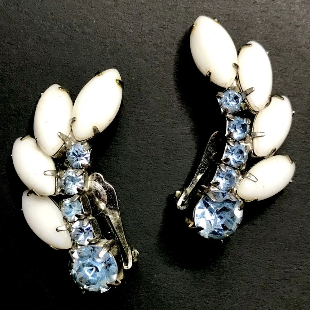 Vintage Earrings Milk Glass Rhinestone Ear Climber